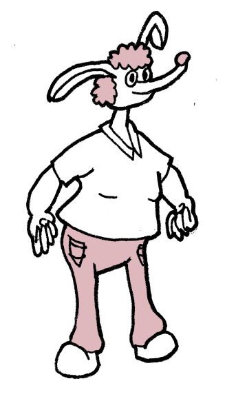 A kangaroo girl with pink curly hair, a big nose, is short, and wears a p[lain white shirt with pink pants. She is slightly beefy, despite her size.